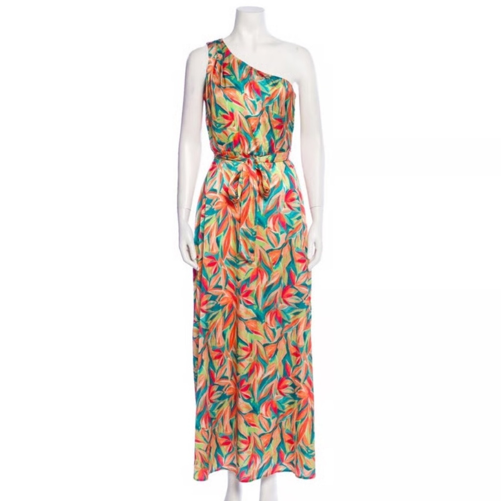 Nicole Miller One-Shoulder Tropical Print Maxi Dress — Teal, Coral, Yellow